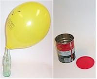 Bottle with a ballon fitted over the top; coffee can and lid.